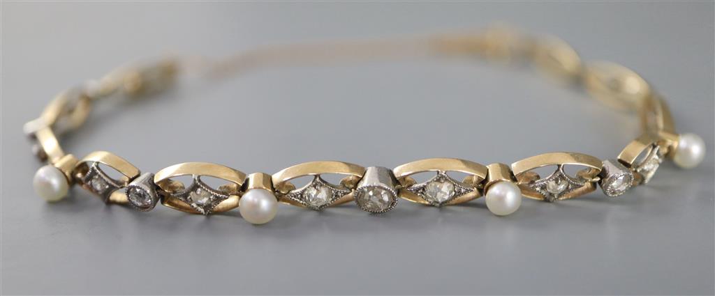 An Edwardian gold, old round and rose cut diamond and cultured? pearl set pierced oval link bracelet,